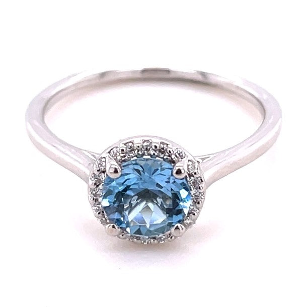 14K WHITE GOLD AQUAMARINE AND DIAMOND RING