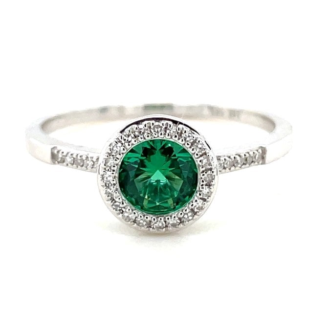 14K WHITE GOLD EMERALD COR AND DIAMOND RING