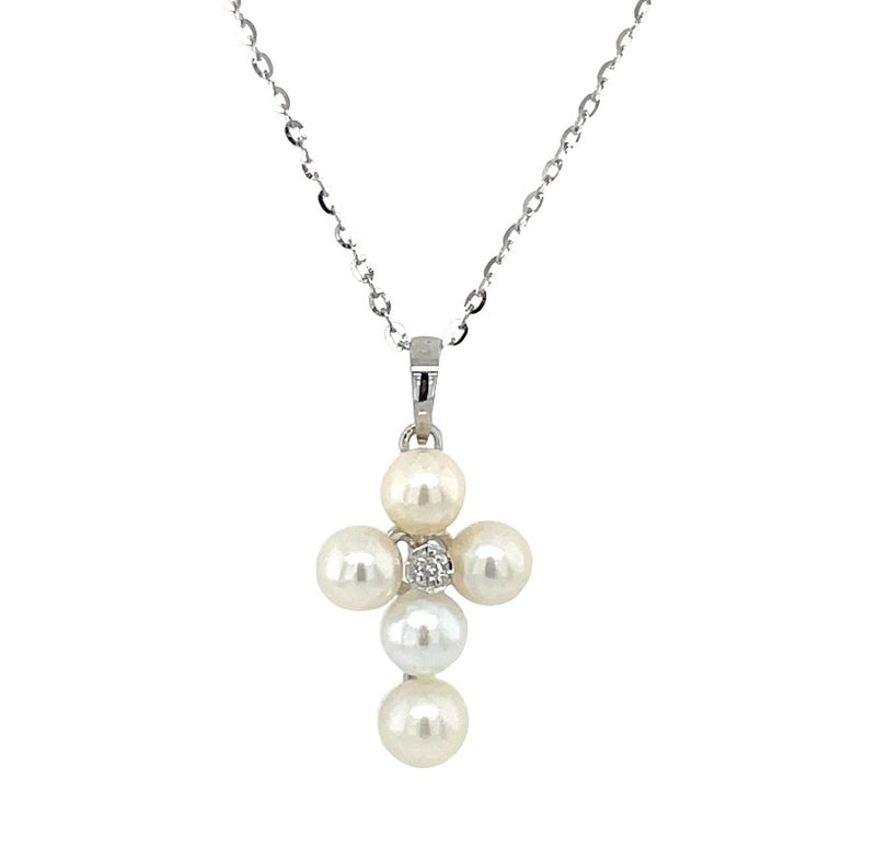 14K WHITE GOLD PEARL CROSS NECKLACE