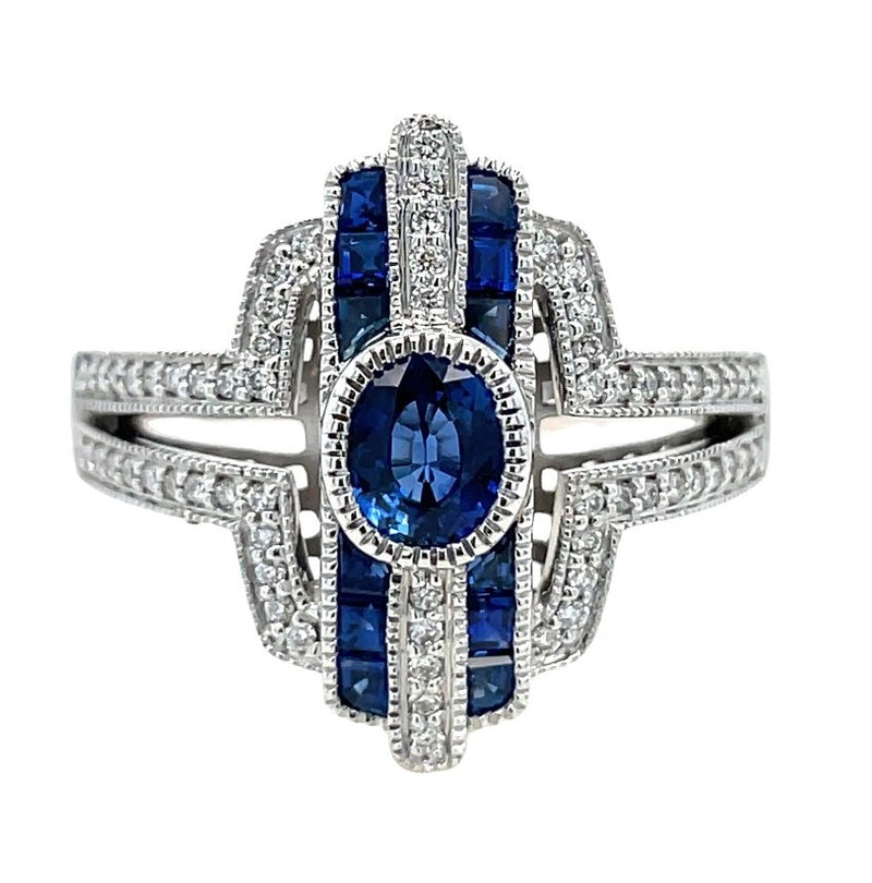 14K WHITE GOLD SAPPHIRE AND DIAMOND RING