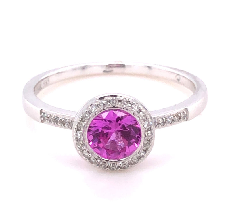 14K WHITE GOLD PINK COR AND DIAMOND RING