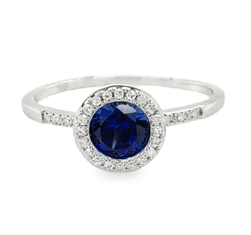14K WHITE GOLD BLUE CORUNDUM AND DIAMOND RING  #200-00468