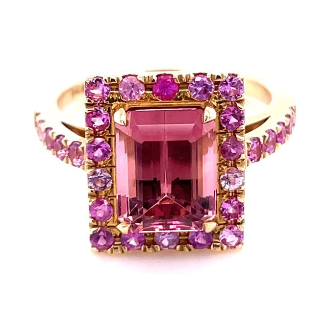 14K YELLOW GOLD PINK TOURMALINE AND SAPPHIRE RING  #200-00078